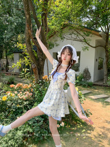 Summer Floral Print Short Sleeve Womens Dress Patchwork Princess Style Gathered Waist Polyester Spandex Blend Butterfly Knot