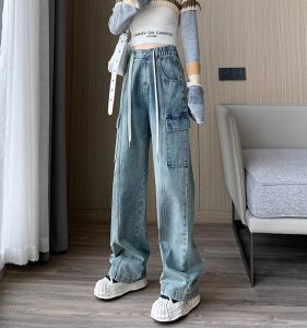 Spring Autumn Loose Wide Leg Elastic Waist Workwear Jeans Girls Middle School Students Casual Comfortable High Waist Long Pants