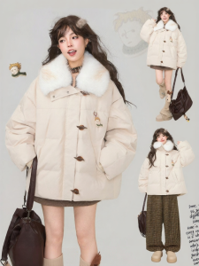 KEIKO | Áo Khoác Nỉ Ấm Áp Phong Cách Retro Có Cổ Lông Giả Tháo Rời Được