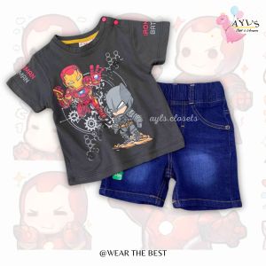 {6-48m}Baju Baby Boys Set Jalan Jeans Denim Short Pants Baju Cotton Short Sleeves ironman batman Baju Raya