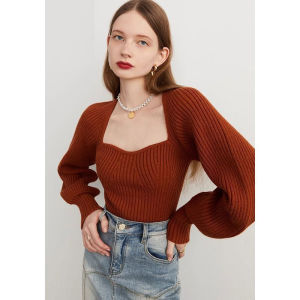 เสื้อสเวตเตอร์คอปกเจ้าหญิงสีแดง เสื้อสเวตเตอร์แขนยาวทรงหลวมสไตล์ฝรั่งเศสสำหรับผู้หญิงในฤดูใบไม้ผลิและฤดูใบไม้ร่วง