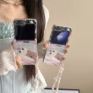 Cute Cat Bear Pattern Clear Hinge Case For Samsung Galaxy Z Flip 3 4 5 6 7 ZFlip6 3-piece Set with Chain Lovely Back Phone Cover