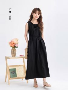Elegant Black Sleeveless Dress Womens 2025 Summer New Waist-Cinching Korean Style Age-Defying Solid Color Long Dress Women