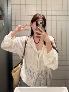 Womens Long Sleeve Lace Open Cardigan Spring Autumn New Loose Fit Casual Air Conditioning Room Top Mid Length Hooded