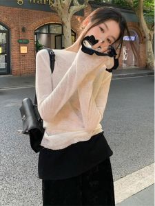 French Elegant Color Block Loose Womens Top Autumn Winter New Style Simple Gentle Bell Sleeve Base Shirt Commute Style T-shirt
