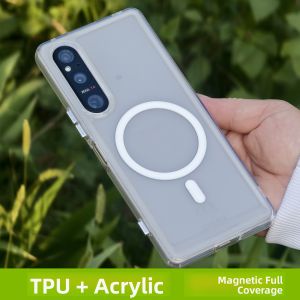 Sony Xperia 1 IV V VII Phone Case Transparent Acrylic Hard Bottom Protective Cover with Built-In Magnetic Ring for Wireless Charging
