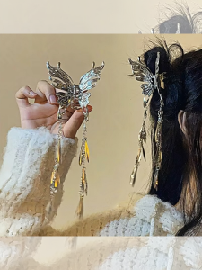 New Chinese Style Liquid Butterfly Tassel Hair Clip Womens Half Updo Hair Accessories Elegant Side Hair Clip Fashionable
