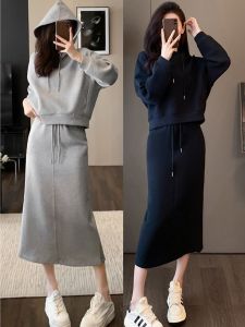 Stylish Casual Sportswear Set for Women British Style Hoodie Matching High-End Grey Black Series Fashionable Anti-Aging