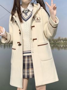 Preppy Style Woolen Outwear Cotton and Thickening Junior and Middle School Students Autumn and Winter Clothing Girl Older Kids Horn Button Woolen Coat