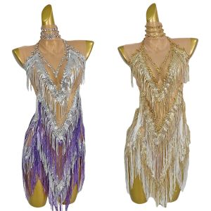 Women Sparkly Rhinestones Sequins Tassel Latino Dance Dress Nightclub Party Outfit Evening Prom Dancer Costume Stage Wear Dance Troupe Performance Outfit