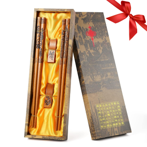 Hand-Carved Dragon & Phoenix Chopsticks Gift Set - 2 Pairs 9" Reusable Wooden Chopsticks with Box & Stand Elegant Asian Present