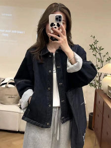 Spring Autumn Loose Womens Denim Jacket Short Striped Cuff Splicing Casual Slimming Coat Flip Collar Regular Length Outerwear