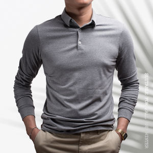 Long Sleeves Polo Shirt Men Casual Base Polo Collar Solid Color Pure Cotton Polo Shirt Slim Fit Skinny Spring and Autumn T-shirt Tops