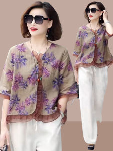 Fashionable Loose Fit Linen Shirt Womens V-Neck Five-Quarter Sleeve Top Elegant Slimming Versatile Summer New Arrival
