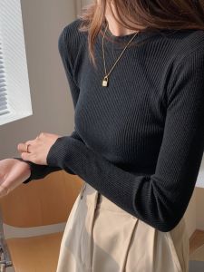 French สีดำ เสื้อฐาน ผู้หญิง เสื้อตัวใน ฤดูใบไม้ร่วง ฤดูหนาว ทันสมัย รัดรูป แขนยาวถัก เสื้อท่อนบน ฤดูใบไม้ผลิ ฤดูใบไม้ร่วง ชุด