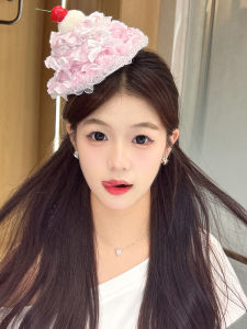 Dreamy Girls Lace Edged Cream Cherry Cake Hair Clip Hat Female High-End Sensation Claw Clip Small Gift Hat Accessory