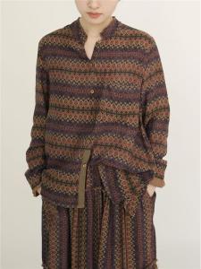 Retro Style Double Layer Cotton Linen Shirt Loose Fit Printed Casual Top Vintage Look Original Design Long Sleeve Stand Collar