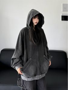 W3 Dark Retro Gradient Distressed Dirty Water Washed Hole Zipper Cardigan Hoodie Loose Hoodie Coat