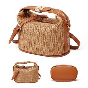 Yogodlns Summer Small Straw Handbag Trendy Shoulder Bag Woven Bucket Crossbody Bag Casual Seaside Beach Bag Gilrs Handle Tote