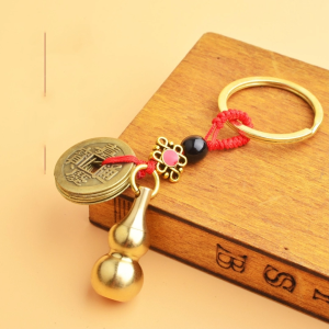 Brass Mini Gourd Keychain Hollow With Open Top Red Rope Feng Shui Five Emperor Coins Brass Key Chain