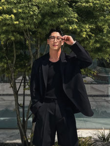 Gray Mens Suit Jacket Loose Flat Collar Buttoned Set Vintage Hong Kong Style Versatile Long Sleeve Short Pants Fashion Set