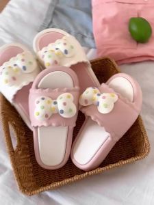 XIXITIAO New Girls Cute Polka Dot Bow Slippers 2024 Summer Sweet Lace Indoor EVA Soft Bottom Home Slippers
