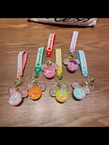 Cute Cartoon Mickey Ear Keychain Glitter Sequins Key ring with Wrist Strap Women BagCharm