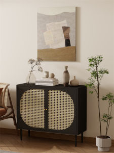 Nordic Retro Wicker Weaving Dining Room Cabinet Glass Display Cabinet Living Room Storage Cabinet Tea Water Cabinet Side Cabinet