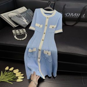 French Style round Neck Commute Knitted Dress Silk Thin Waist Cinched Slim Fit mid Length a Line Skirt Soft Knitted Summer Dress