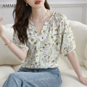AMMIN Korean style V-neck floral print short sleeve chiffon blouse Womens summer new sweet bubble sleeve pearl button single breasted casual elegant blouse