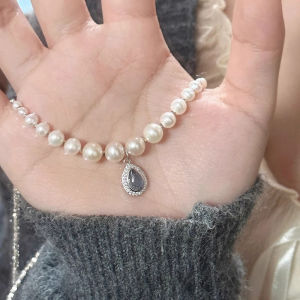 Fashionable Pearl Necklace Accessory Blue Topaz Silver Dust Womens New 2025 High-End Sweater Chain Stylish Neck Chain