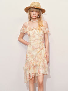 Sweet Style Gradient Lace Dress Slimming High Waist Nylon Fabric Floral Pattern A-Line Skirt Short Sleeve One-Shoulder Dress