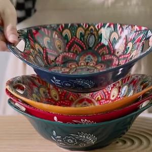 Ceramic Salad Bowl Bohemian Novelty Oval Plate with Handle Microwave Safe Boat-Shaped Bowl Stackable Food Bowl Fruit Bowl - 2PCS