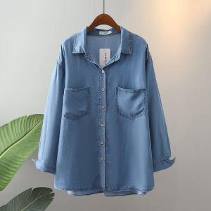 Autumn Clothing Korean Style New Arrival Tencel Denim Shirt Womens Stylish Niche Style Loose Pockets Bandage Dress Drape Plus Size Shirt