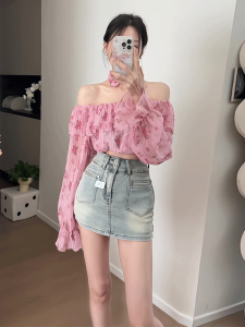 French Style Long Sleeve Floral Print Chiffon Shirt Womens One Shoulder Design Bell Sleeve Loose Fit Spring New Arrival