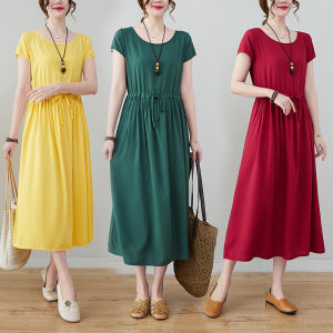Pure Color Cotton Silk Womens Midi Dress Summer New Style Waist Cinched Belted Artificial Cotton Short Sleeve Beach Skirt
