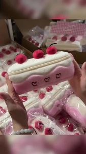〔P〕Kawaii Cake Plush Pencil Case Cute Cherry Decoration Large Capacity Soft Pen Bag Student Stationery Storage Pouch for Girls