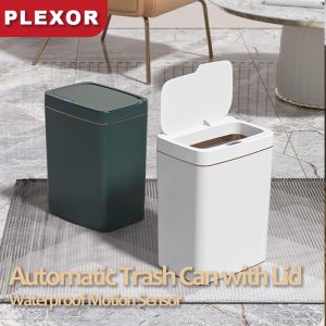 Plexor 15L/18L Automatic Trash Can with Lid Slim Narrow Touchless Garbage Can Plastic Trash Bin Waterproof Motion Sensor Wastebasket for Living Room Bedroom Office Kitchen White/Green
