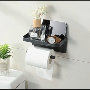 Goldstar Self-Adhesive Wall-Mounted Toilet Paper Holder with Shelf and Phone Holder Carbon Steel Toilet Paper Holder No-Drill Bathroom