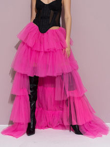 Twotwinstyle Fashionable Sweet Layered Mesh Dress Two-Way Wearable Pink Evening Gown Pleated A-Line Skirt Polyester Fabric