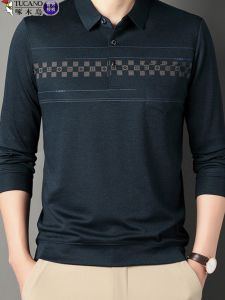 Mùa Xuân Mùa Thu Dáng Rộng Nam Dài Tay Áo Thun Cotton Dành Cho Trung Niên Thoáng Khí Họa Tiết Hình Học Phong Cách Công Sở Ve Áo