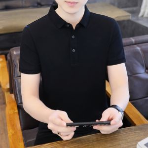 ROMON | Romon Mens Short Sleeve Polo Shirt Casual Fashionable Turn-down Collar Business Casual Black T-shirt Youth Summer Breathable