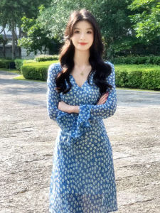 Homecore | French Elegant Blue V-neck Waist-cinched Long Sleeve Floral Dress Womens Early Autumn 2025 New Holiday Outfit A-line Skirt