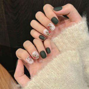 [Yan Li] Snow Pressure Pine and Cypress Handmade Wear a National Style Winter Atmosphere Short round Nail Stickers Dark Green Student