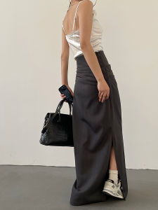 High Waist A-Line Skirt with Slit Pleated Female Spring Design Slimming Street Style Long Skirt for Young Women