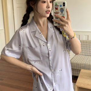 Luxurious Ice Silk Sleepwear Womens Spring Summer Autumn Winter Home Clothes Thin Long Sleeve Purple Dog Print Comfortable Pajamas