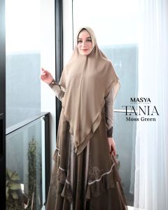 Set Gamis Dress Ceruty Babydoll Premium Syari Branded Coklat - Hijau Lumut - Rose Brown - Moss Green Mewah Masya Syari Terbaru Tania MADENIA SYARI By MASYA