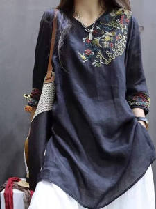 Áo Sơ Mi Cotton Lanh Thêu Cổ Chữ V Dài Vừa Phải Rộng Rãi Mùa Hè Cho Nữ Cỡ Lớn Thường Ngày