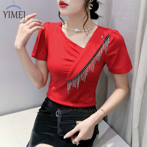 YIMEI Fashion Shoulder Badge Tassel White Top 2024 Summer Beautiful Guangzhou Womens T-shirt New Short Sleeve V-Neck T-shirt Cotton