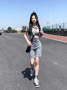 Quần Short Jean Ngố Nữ Ống Rộng Lưng Cao Basic Phong Cách Hàn Quốc